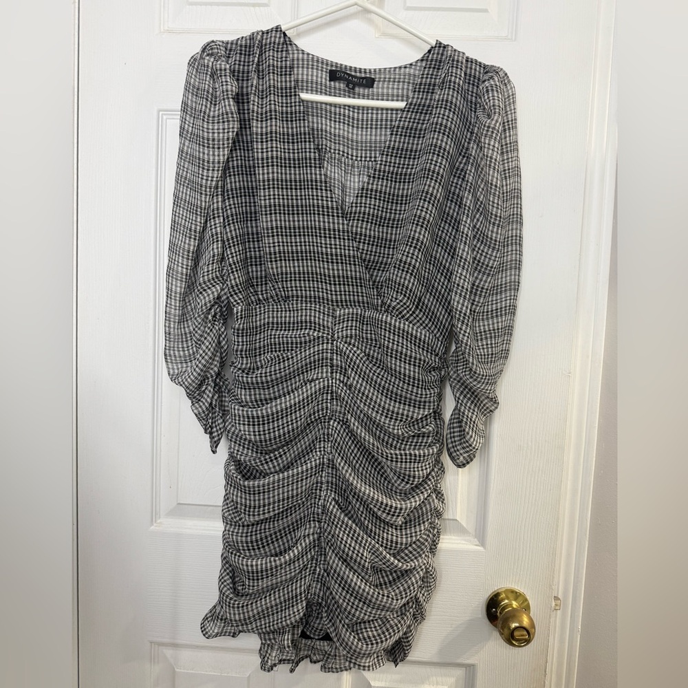 Dynamite Black and White Plaid Long Sleeve Dress
